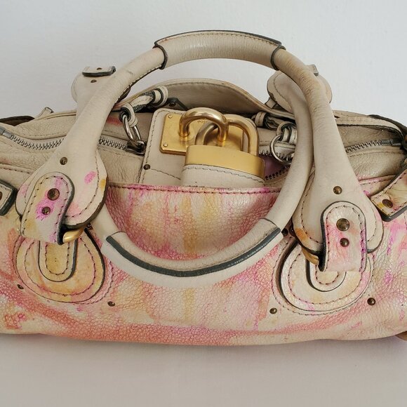 Chloe Leather purse lock bag dyed painted pink white yellow beige orange ivory - Picture 3 of 14
